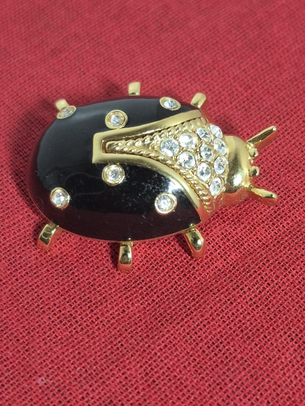 Vtg. St. John Gold-tone Black Enamel and Crystal Rhinestone Ladybug Brooch/Pin